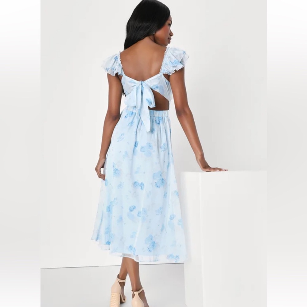 NWT Light Blue Lulus Loveliest Darling Dress XL Floral Ruffled Tie-Back Midi - Picture 4 of 16